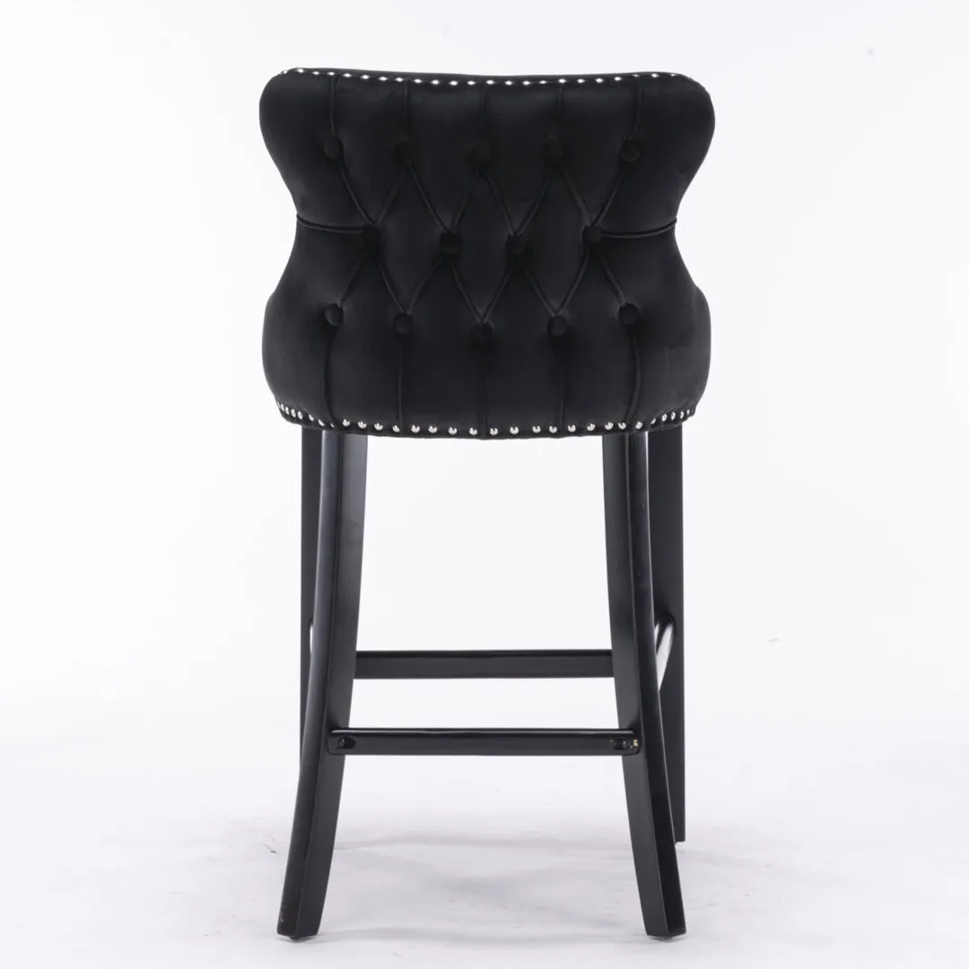 2x Velvet Upholstered Button Tufted Bar Stools with Wood Legs and Studs-Black