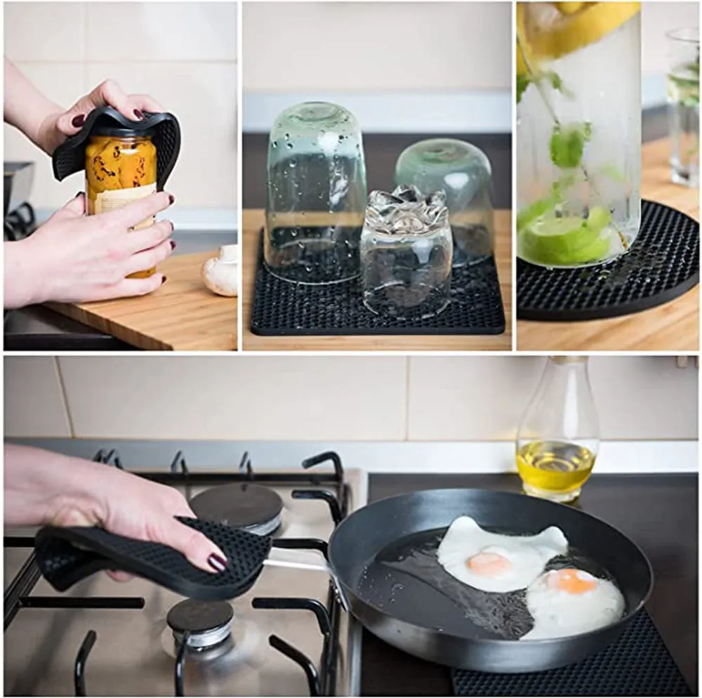 4-Pack Multi-Purpose Silicone Insulation Mat | Heat-Resistant Dishes Pads (Black)