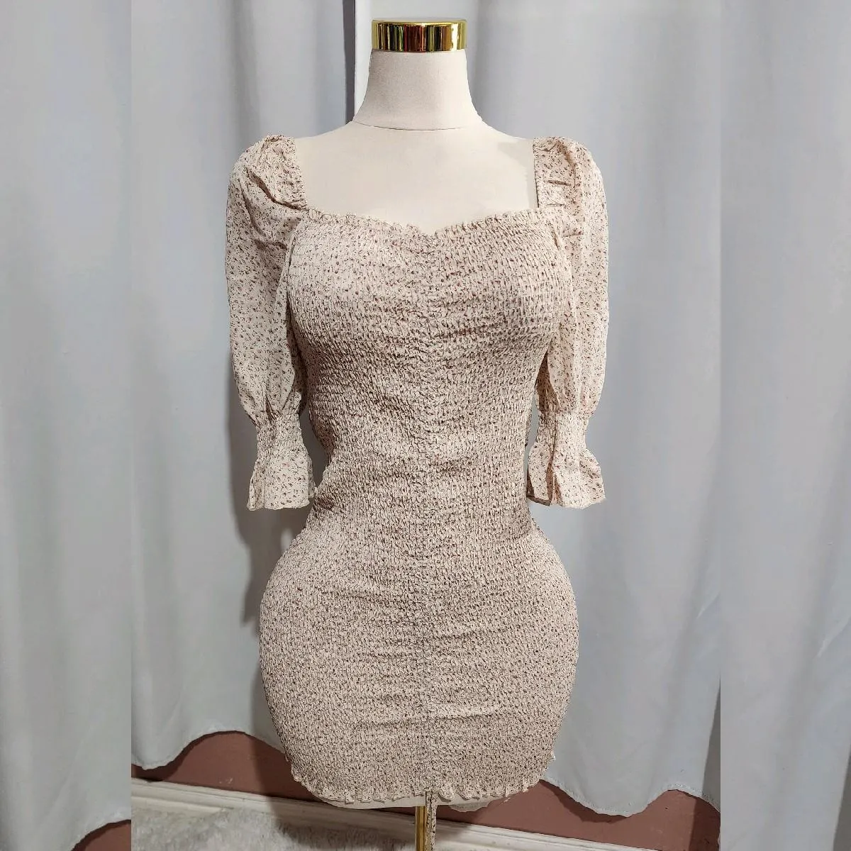 Beige Floral Off Shoulder Dress