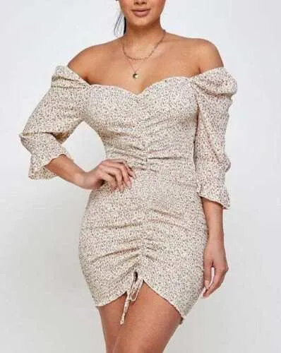 Beige Floral Off Shoulder Dress