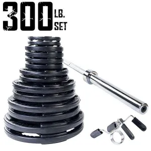 Body Solid 300 lb Rubber Grip Olympic Weight Set with Bar and Collars