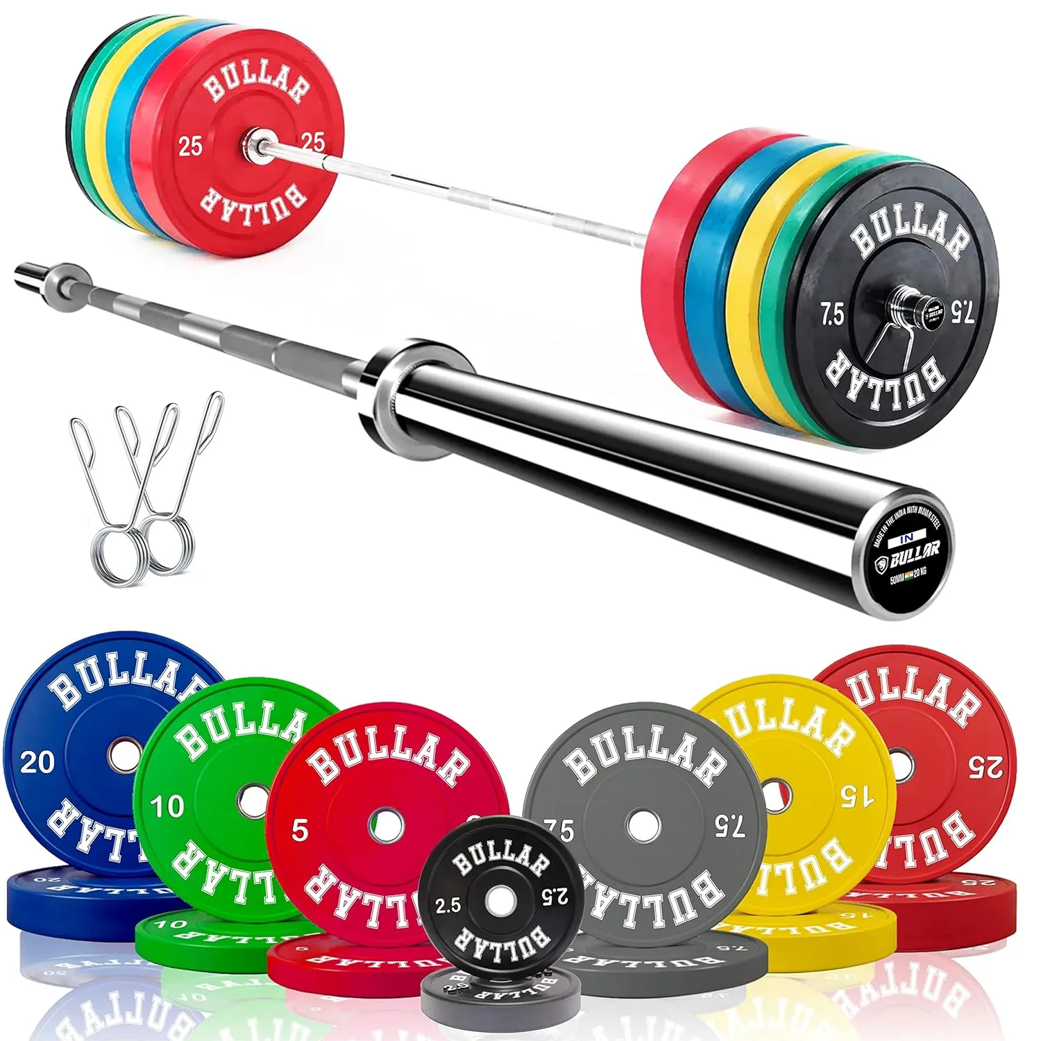Bumper plates with olympic barbell (100 KG SET(20x2 15x2 10x2 5x2))