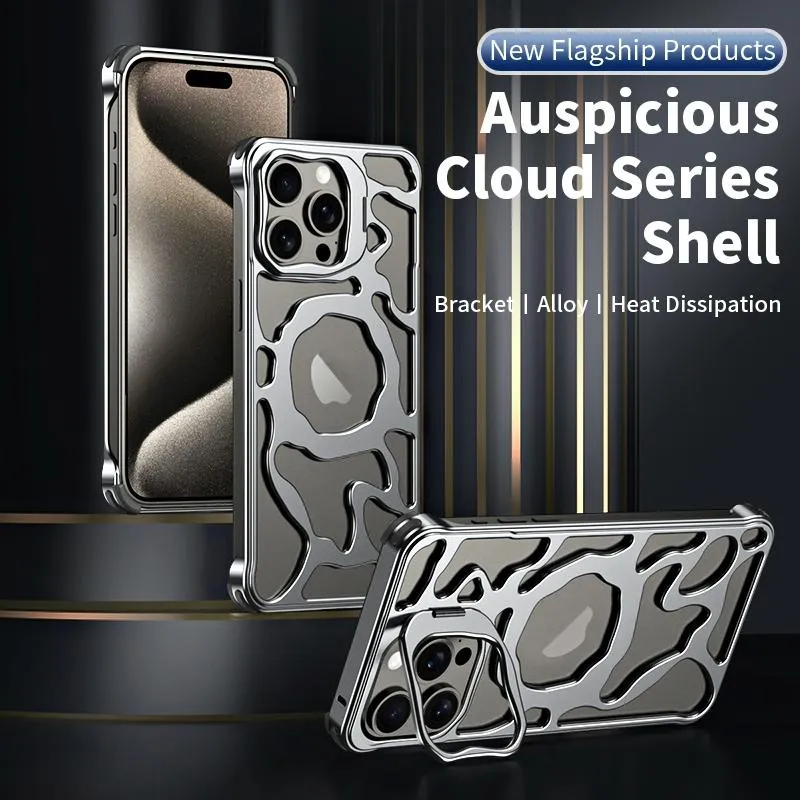 For Iphone 15 Auspicious Cloud Series Magsafe Metal Phone Case With Bracket