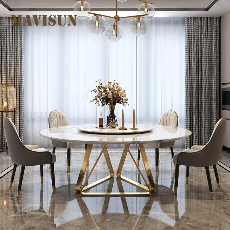 Marble Dining Table with Turntable with Stainless Steel Frame