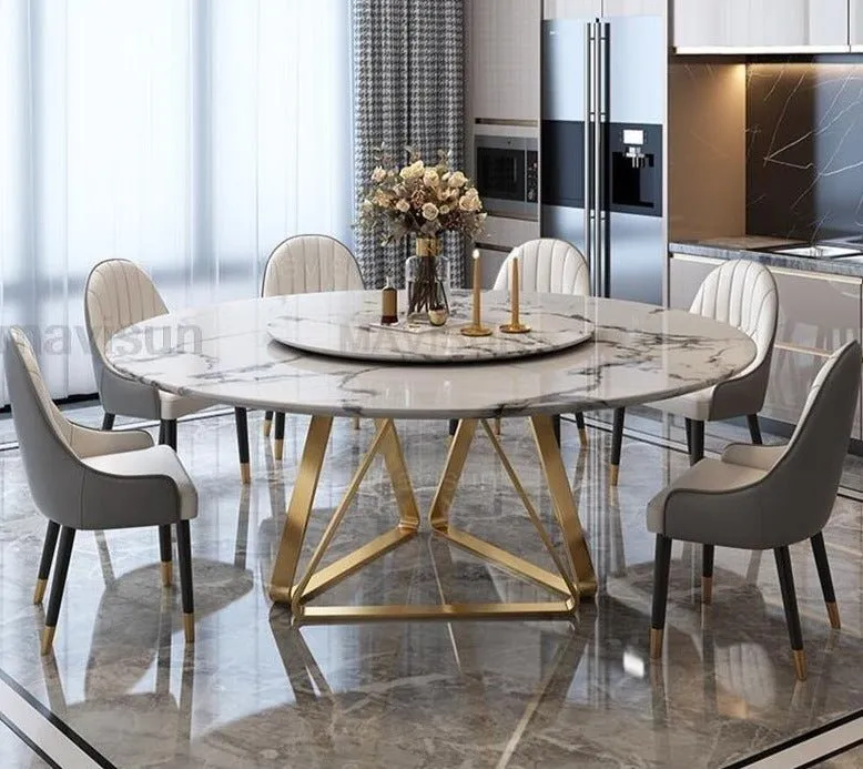 Marble Dining Table with Turntable with Stainless Steel Frame