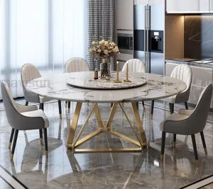 Marble Dining Table with Turntable with Stainless Steel Frame