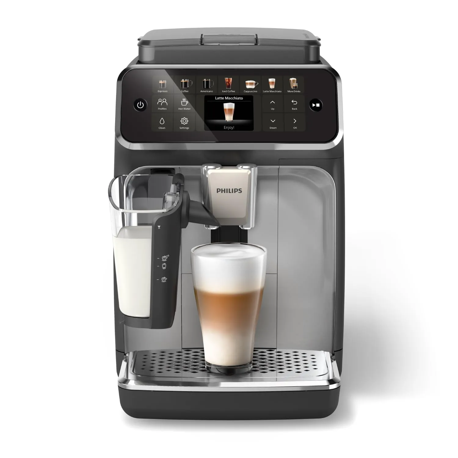 Philips 4400 Series Fully Automatic Espresso Machine  12 Hot & Iced Coffees, Quick-to-Clean LatteGo Milk System, SilentBrew, QuickStart, Ceramic Grinder, Black Chrome (EP4444/90)