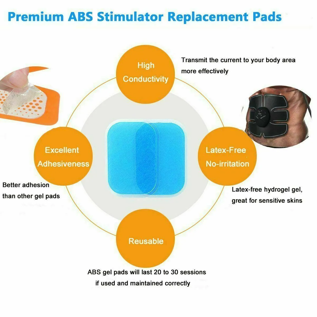 Replacement Gel Pads 10 Pack for Electric Abs Muscle Stimulator Devices