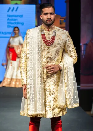 Royal Beige /Gold / Maroon Embroidered Raw Silk Wedding Sherwani
