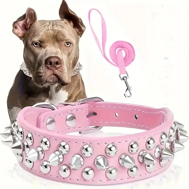 Spiked Big Dog Collar And Leash Matching Set/Spikes Wide Leather dogs