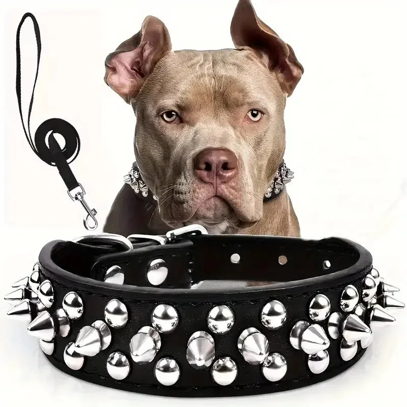 Spiked Big Dog Collar And Leash Matching Set/Spikes Wide Leather dogs
