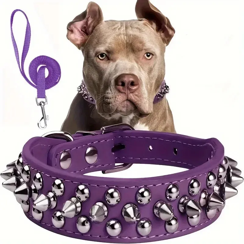 Spiked Big Dog Collar And Leash Matching Set/Spikes Wide Leather dogs