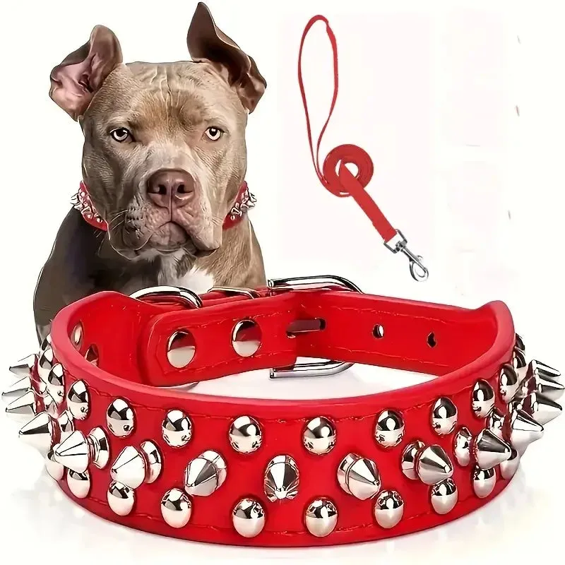 Spiked Big Dog Collar And Leash Matching Set/Spikes Wide Leather dogs
