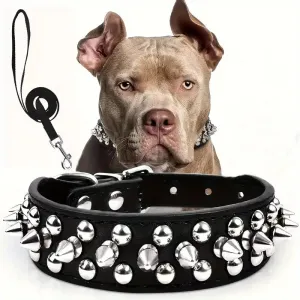 Spiked Big Dog Collar And Leash Matching Set/Spikes Wide Leather dogs