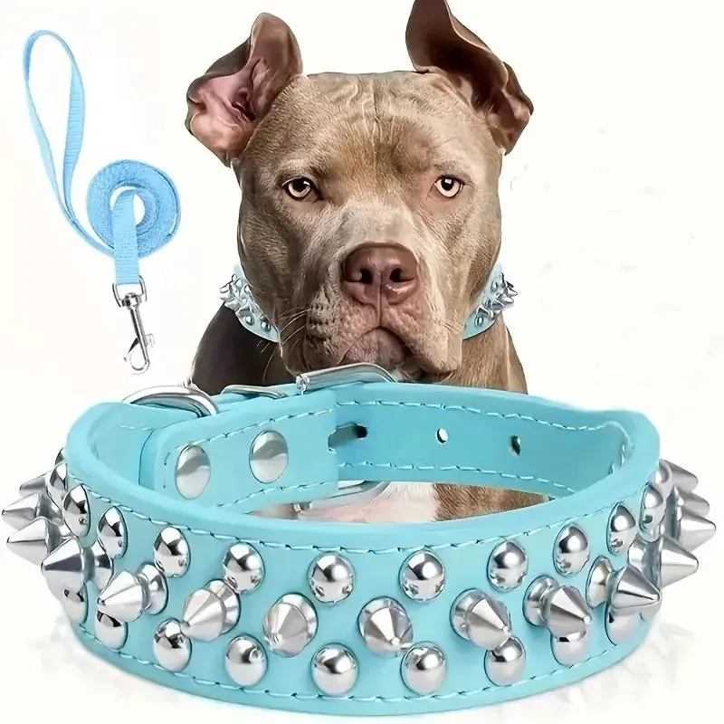 Spiked Big Dog Collar And Leash Matching Set/Spikes Wide Leather dogs