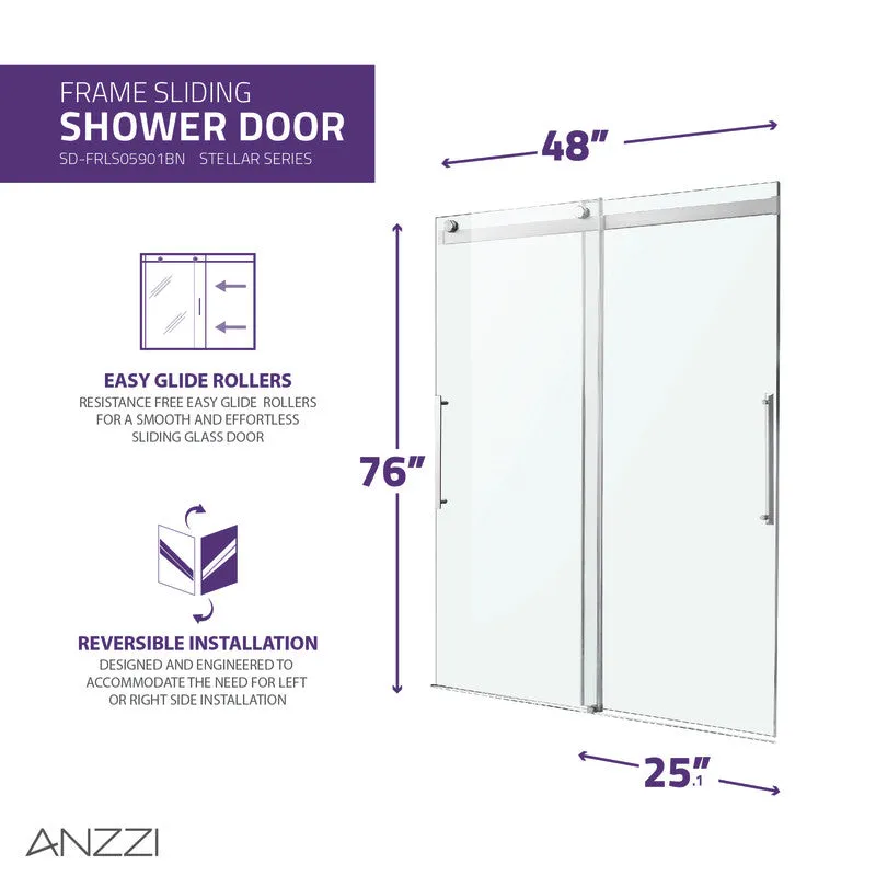 Stellar Series 48 in. x 76 in. Frameless Sliding Shower Door with Handle in Brushed Nickel