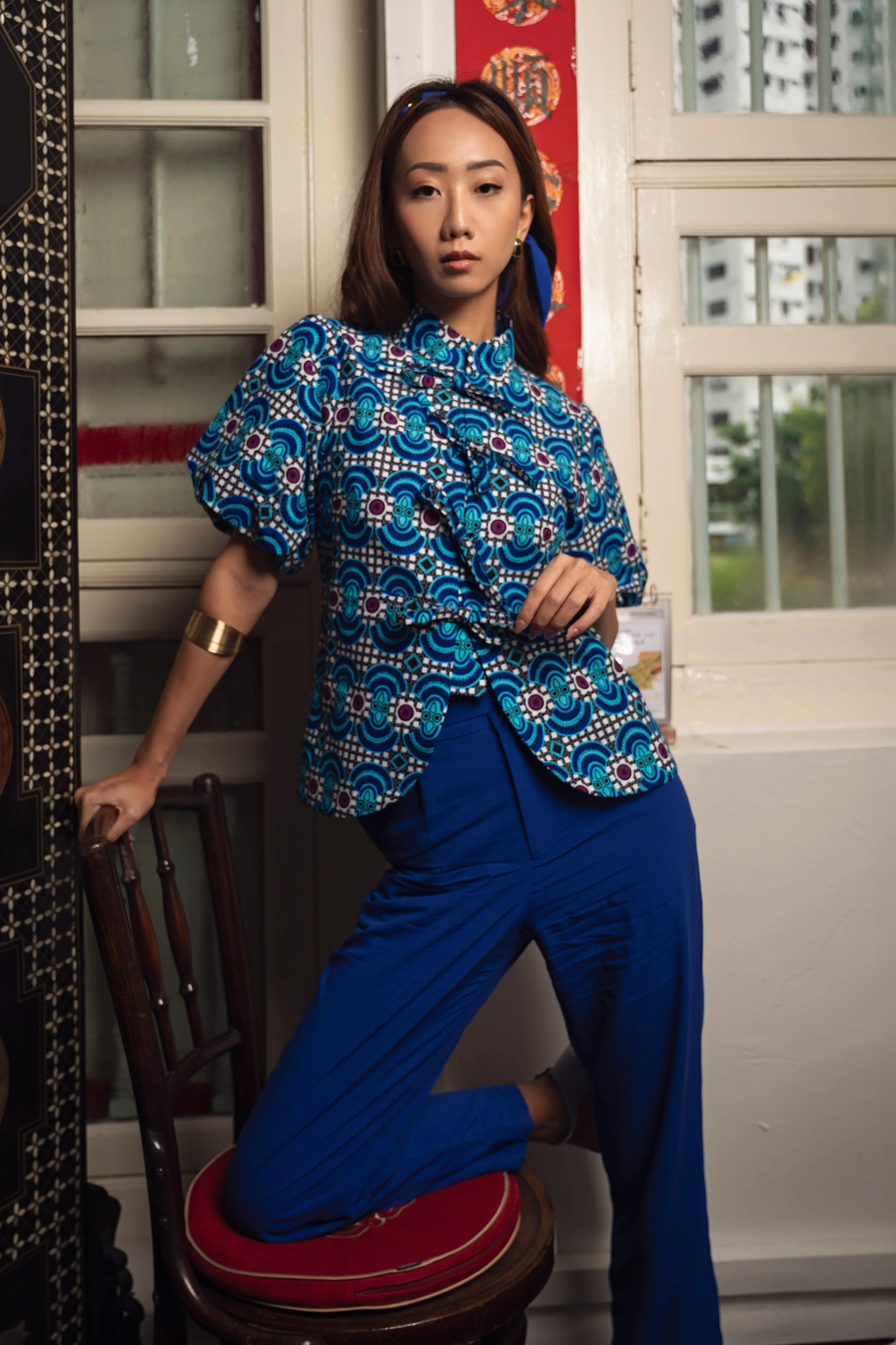 Stephanie Cheongsam Top - Blue Ankara Wax Cotton Print