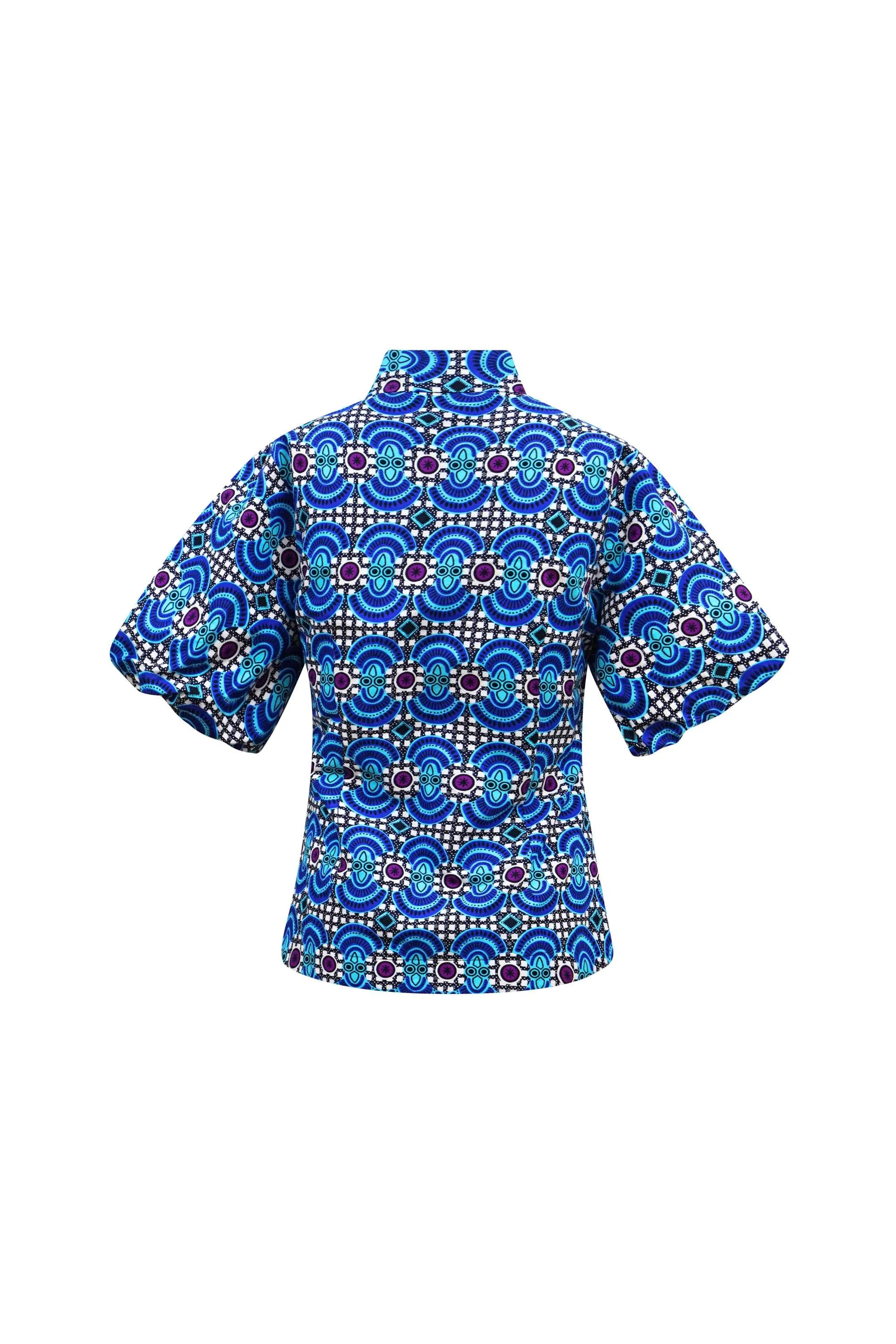 Stephanie Cheongsam Top - Blue Ankara Wax Cotton Print