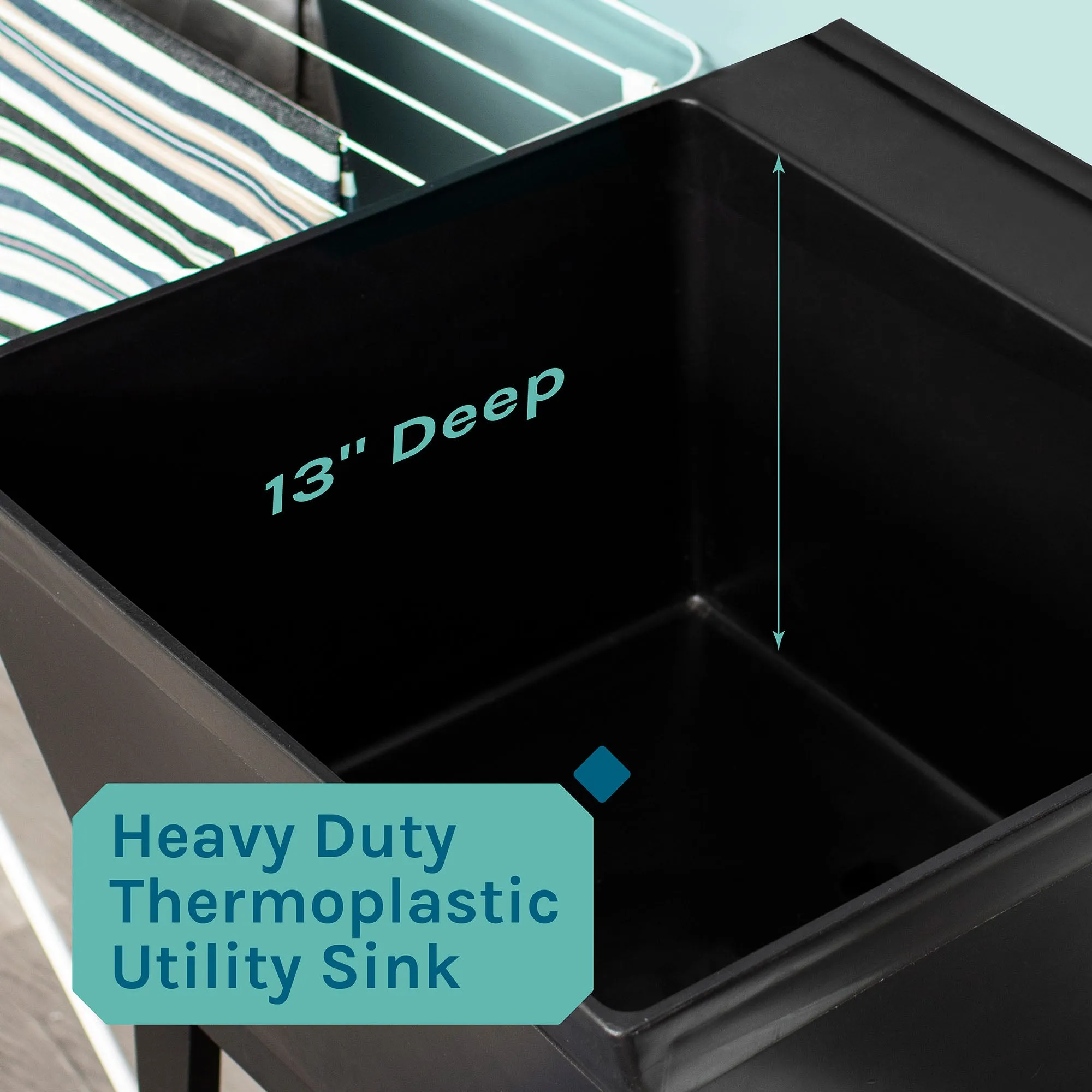 Tehila Standard Freestanding Black Utility Sink with Black Legs, Water Supply Lines Included