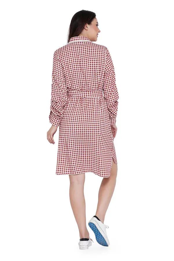 WOMEN CHECK PRINT LONG SHIRT DRESS