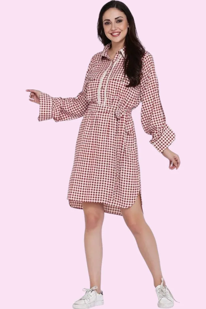 WOMEN CHECK PRINT LONG SHIRT DRESS